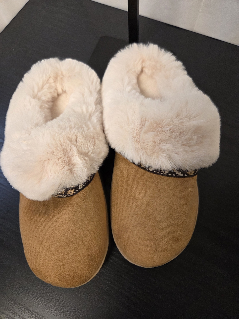 isotoner Women's Tan Faux-Suede Slippers with Cream Plush Collar